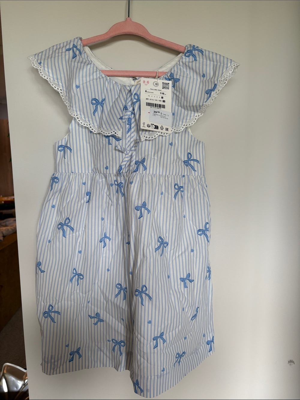 Zara Girls Blue Stripe Bow Peter Pan Collar Dress NWT Size 6